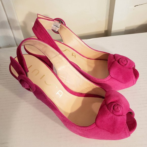 New Berry Pink Suede Flower Bow Pumps Slingback - Picture 1 of 9